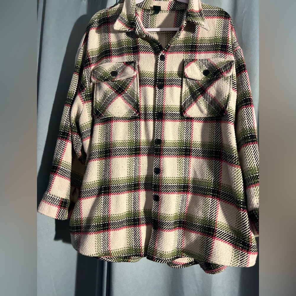 wild fable Green White Pink Plaid Button-Up Shacket Jacket XL
